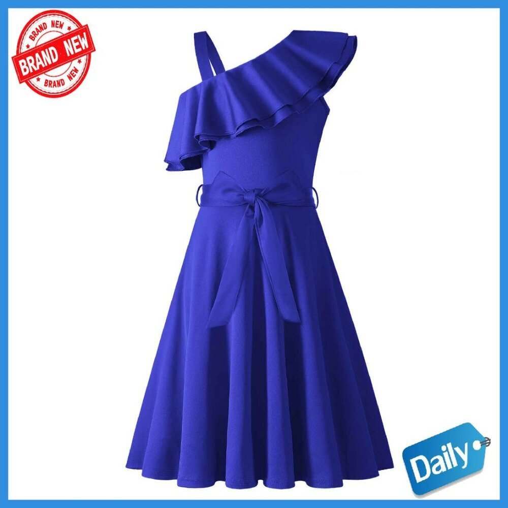 Girls One Shoulder Ruffle Dress with Belt Pockets Size 5-12 Years